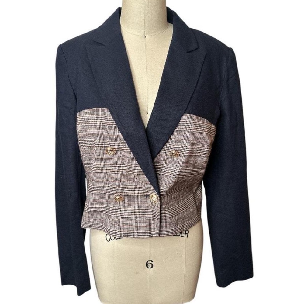 NEW Jason Wu Cropped Blazer Jacket Navy Gray Glen Plaid Double Breasted